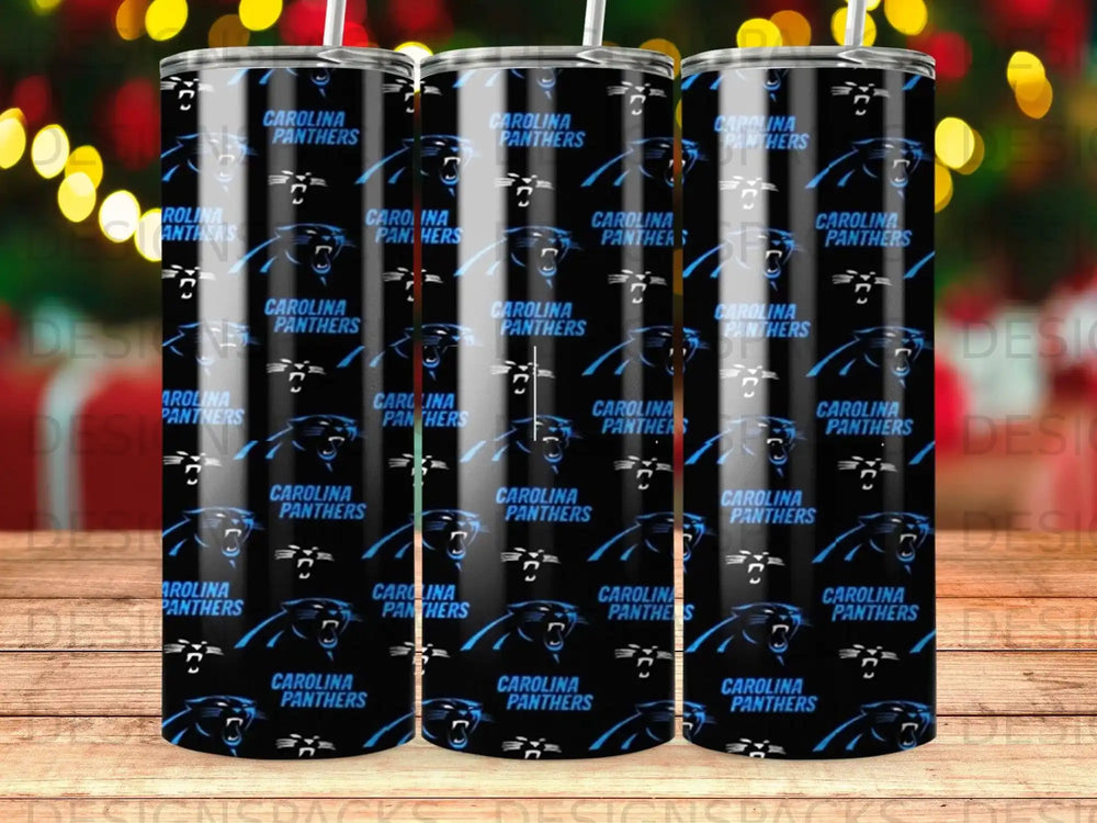 Carolina Panthers logo repeated on black tumblers.