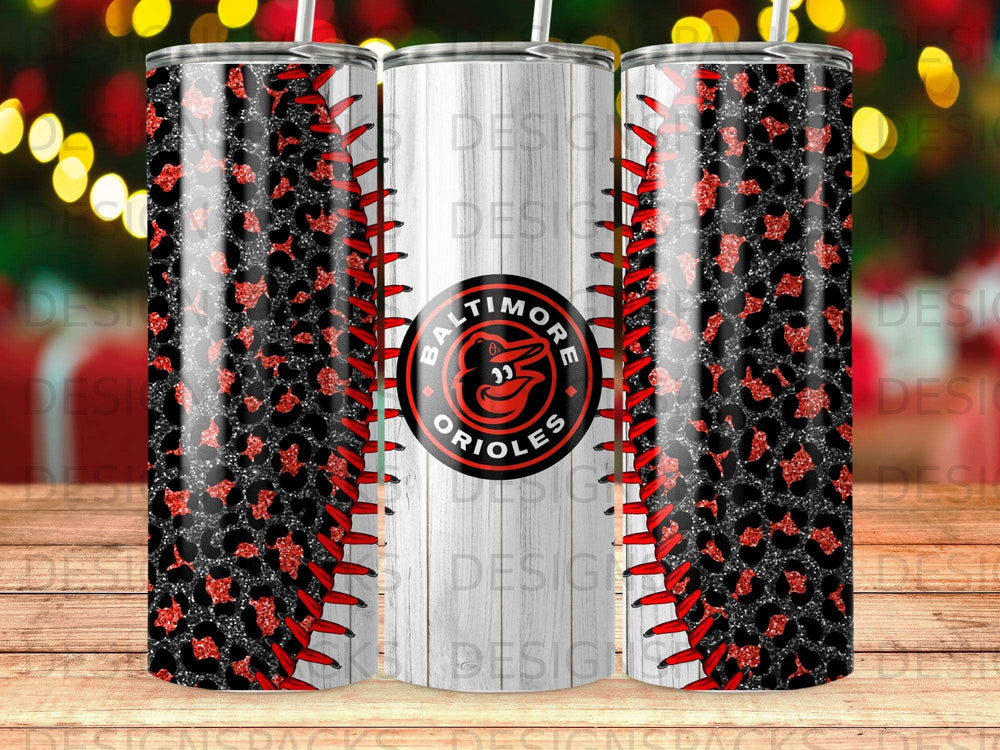 Baltimore Orioles tumbler with leopard print and baseball stitch design.