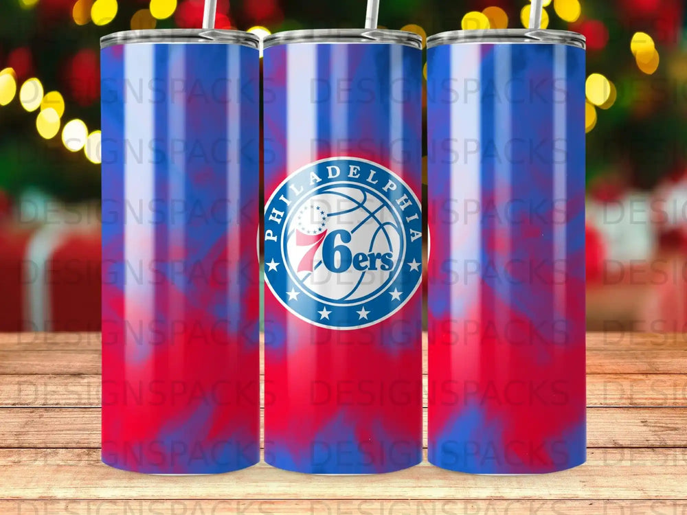 Philadelphia 76ers logo on a gradient tumbler.
