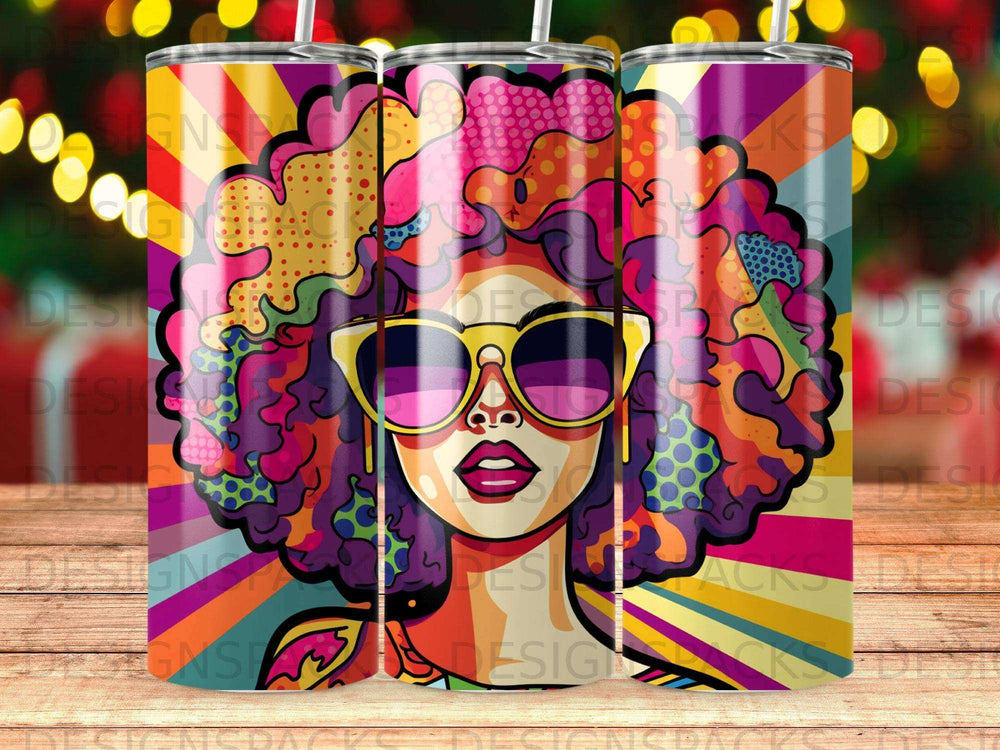 Colorful portrait of a woman with large sunglasses and vibrant afro hair.