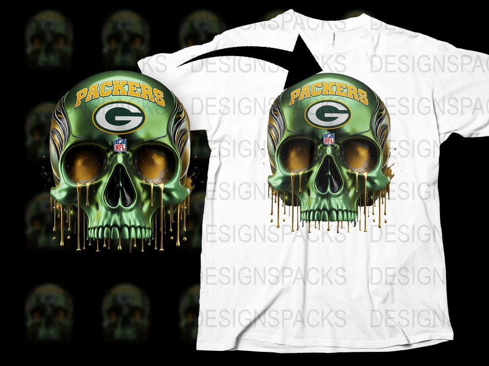 Green Bay Packers Skull T-Shirt, NFL Team Fan Apparel, Unique Graphic Tee, Football Season Fashion, Men's and Women's Sizes Available