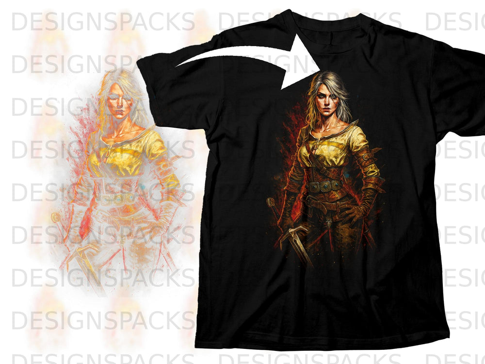 Black t-shirt featuring Witcher character art with fiery background.