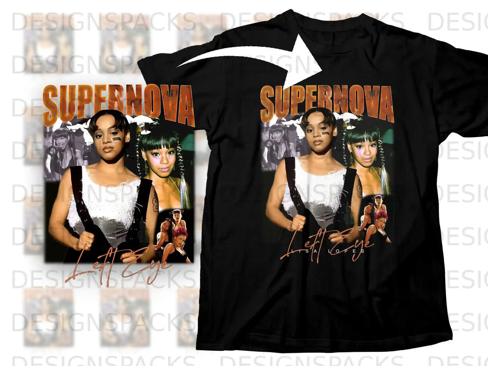 Black t-shirt with "Supernova" text and a portrait of a young woman.