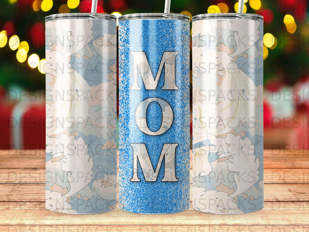Two glittery tumblers with "MOM" in large letters, one with a floral background.