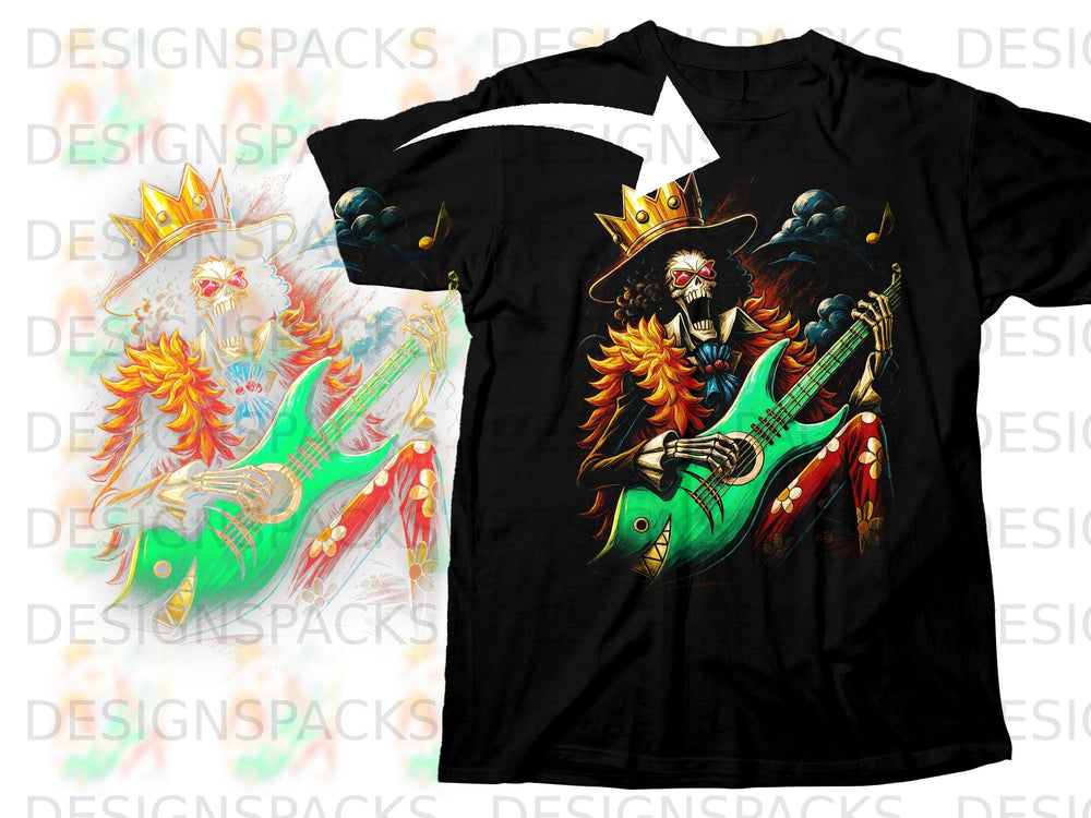 Skeleton playing a green guitar wearing a crown and fluffy orange trim.