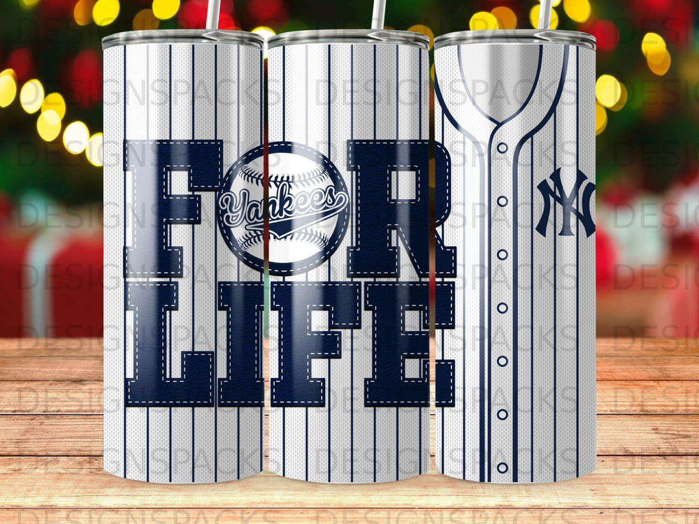 New York Yankees "FOR LIFE" baseball-themed tumbler with stripes.