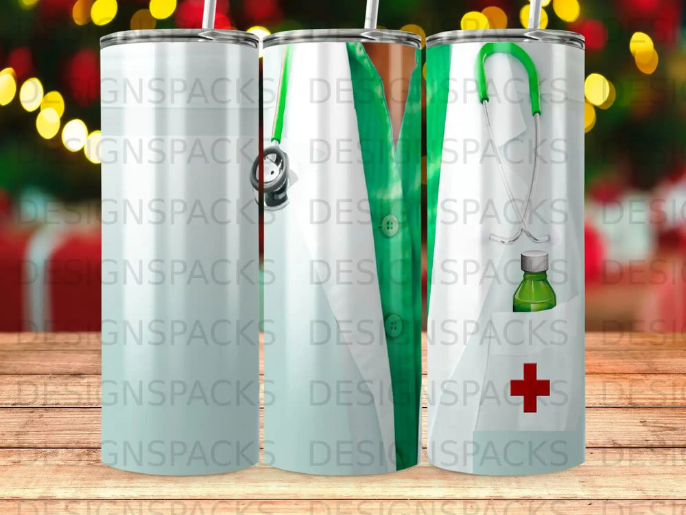 Three tumblers with stethoscope and medical symbols, some text illegible.