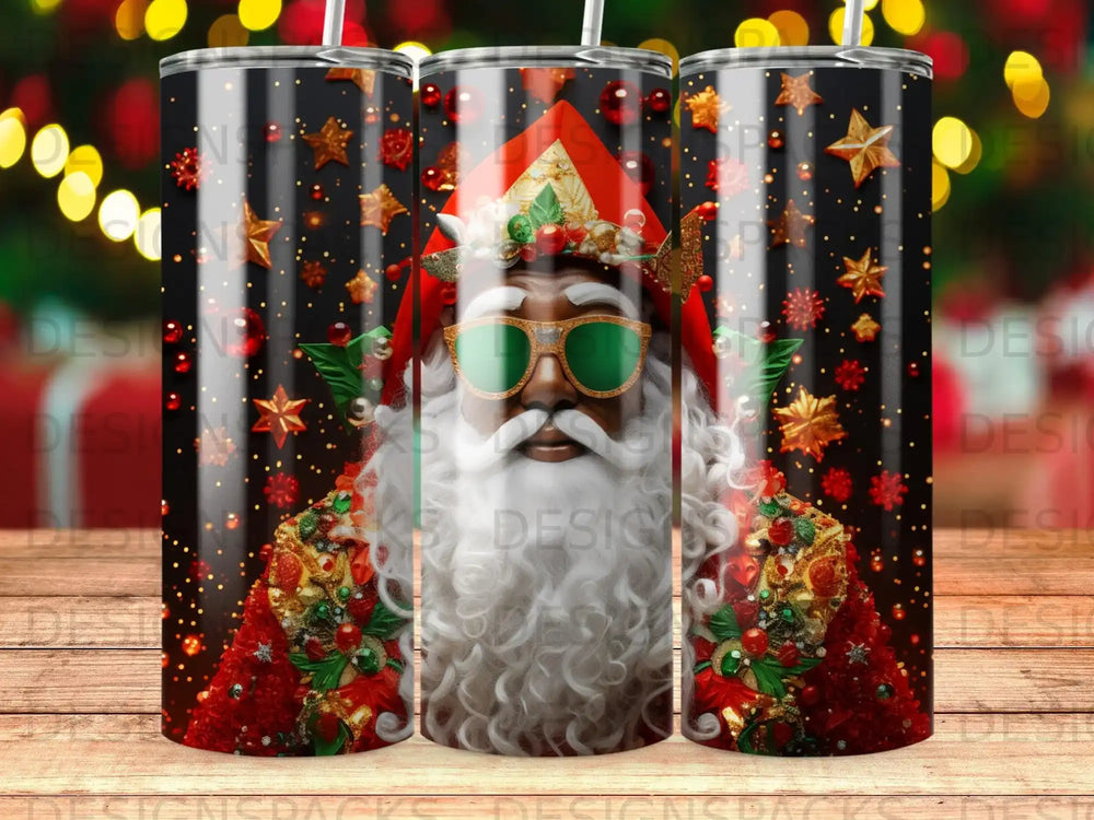 Santa Claus wearing sunglasses, adorned with glitter and ornaments.