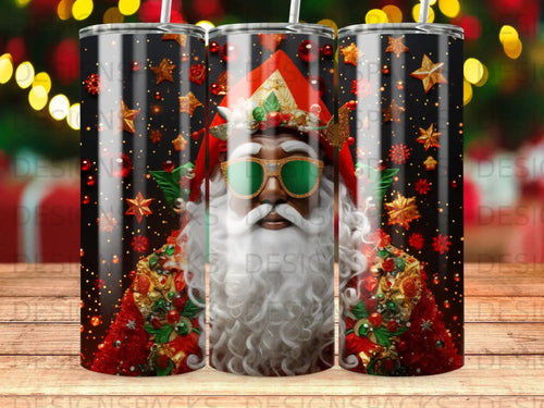 Santa Claus wearing sunglasses, adorned with glitter and ornaments.