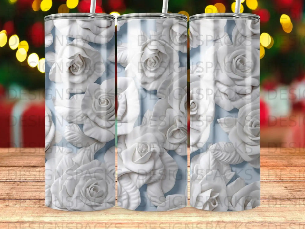 Three seamless patterns of embossed white roses on a light blue background.
