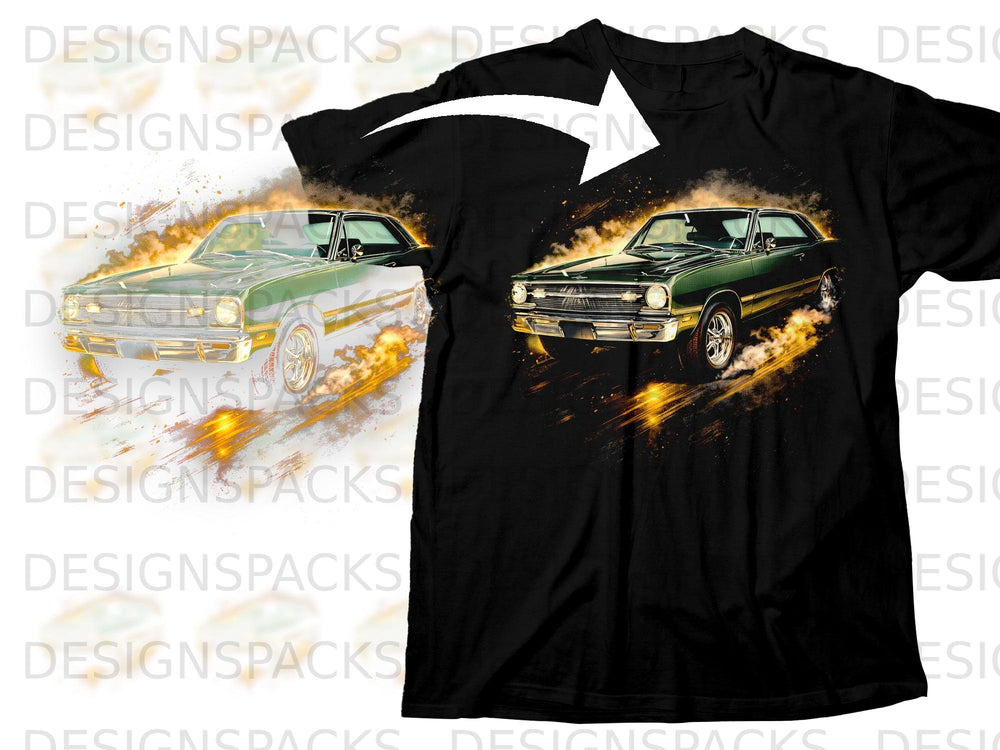 Black t-shirt with a graphic of a green vintage car speeding with fire and smoke.