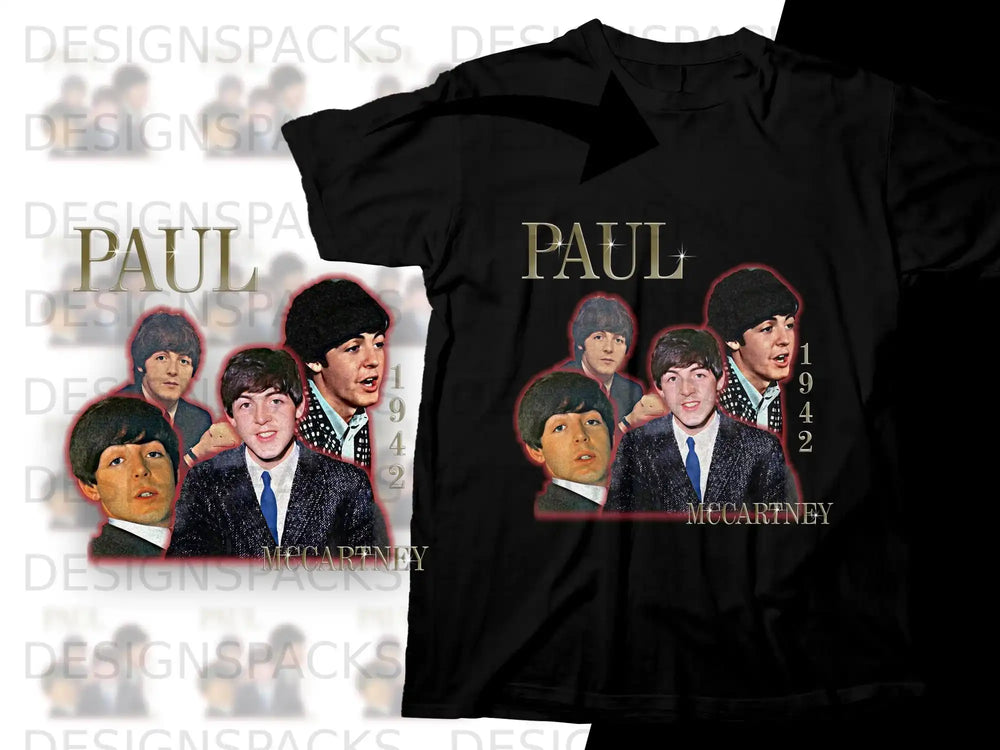 Black t-shirt featuring Paul McCartney with "Paul 1942 McCartney" text.