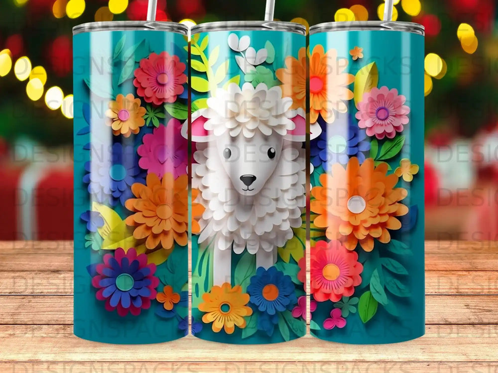 White sheep amidst colorful flowers and leaves on a teal background.