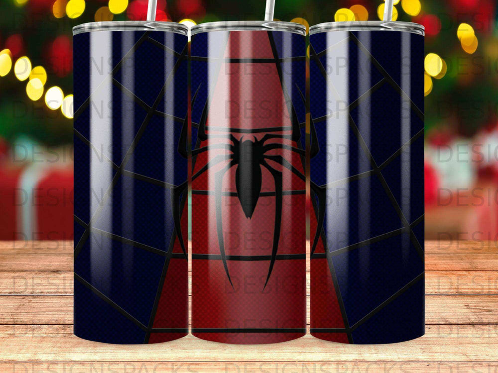 Spiderman web pattern on three tumblers with bokeh lights background.