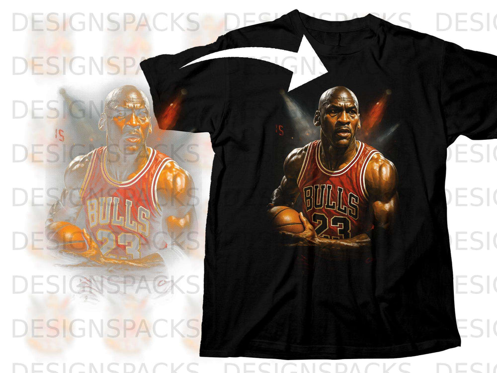 Black t-shirt with Michael Jordan in a Bulls jersey holding a basketball.