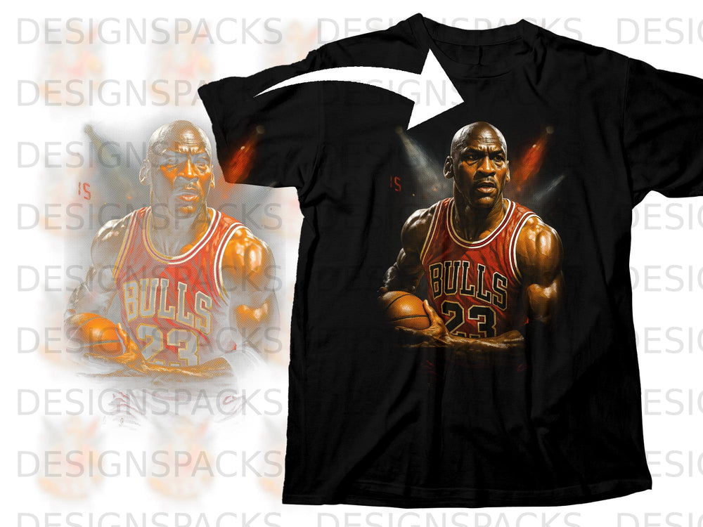 Black t-shirt with Michael Jordan in a Bulls jersey holding a basketball.