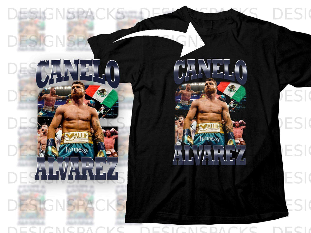 Canelo Alvarez boxing t-shirt with Mexican flag and sponsor logos.