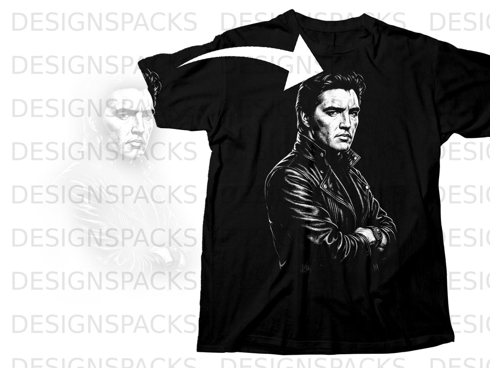 Black t-shirt with a stylized black and white portrait of Elvis Presley in a leather jacket.