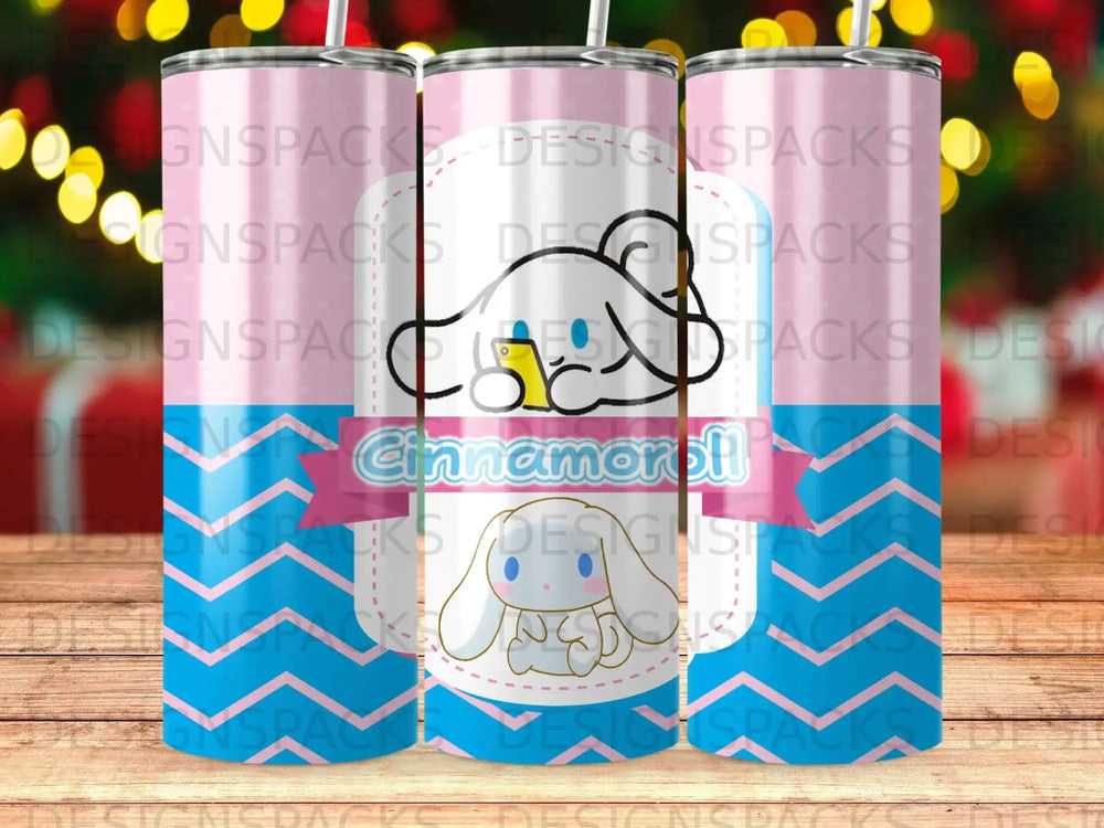 Cinnamoroll character on a pink and blue plaid tumbler cup.