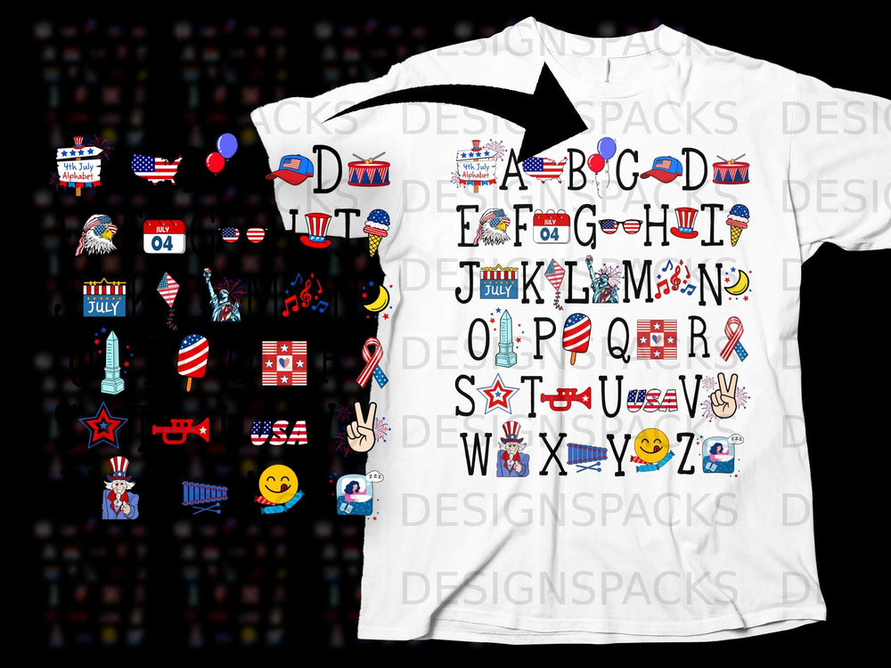 4th of July themed alphabet with patriotic icons and letters A through Z.