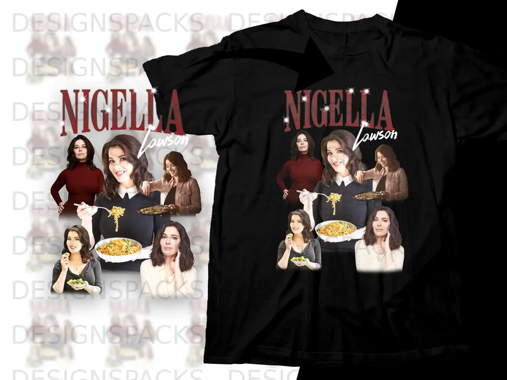 Nigella Lawson collage on black t-shirt.