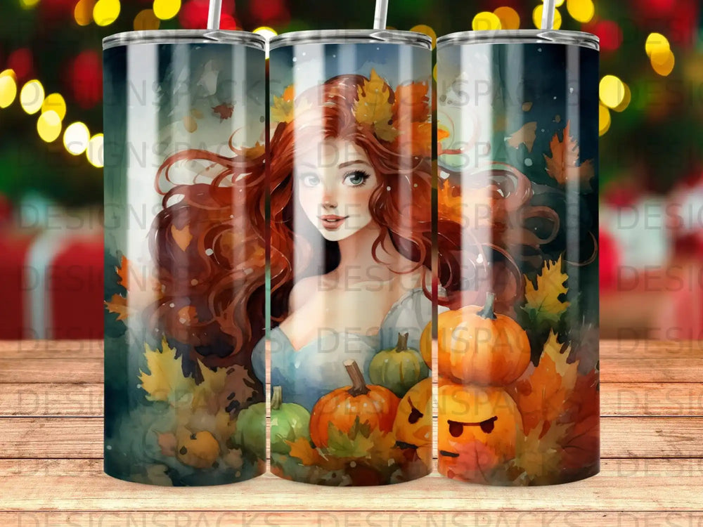 Autumn-themed tumbler with a red-haired woman, pumpkins, and falling leaves.
