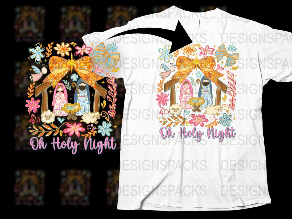 Oh Holy Night Christmas T-Shirt with Floral Nativity Scene, Holiday Apparel, Religious Festive Clothing, Gift Idea