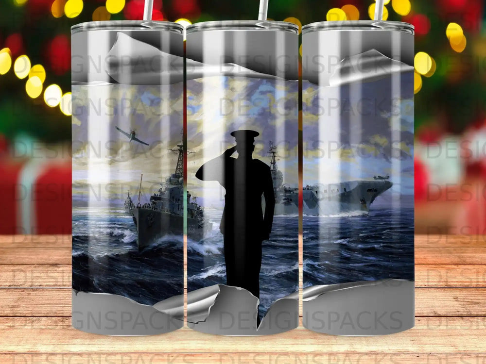 Naval fleet with silhouetted sailor saluting, abstract stormy sea background.