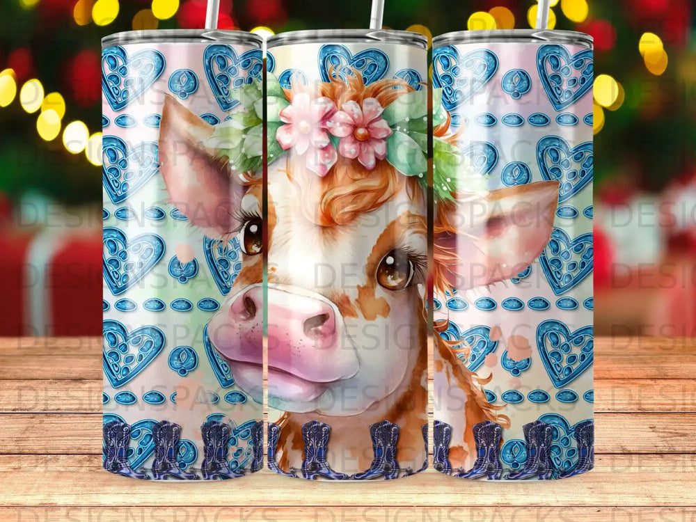 Cow with flowers and hearts pattern tumbler design.