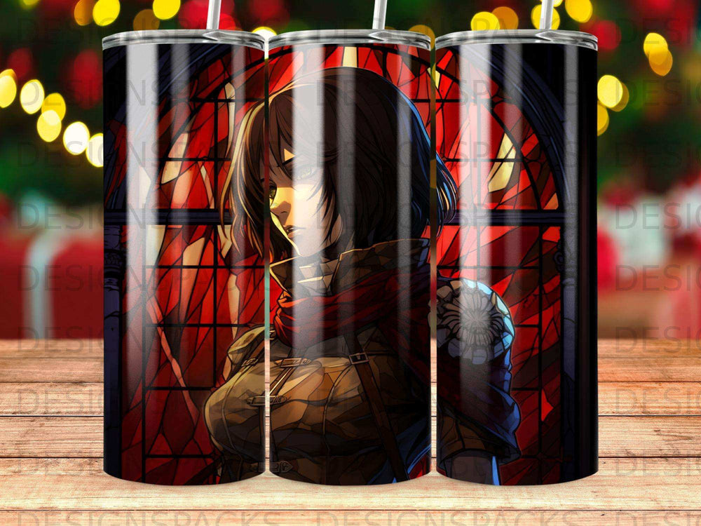 Anime character with short dark hair, wearing a brown outfit, against a stained glass background.
