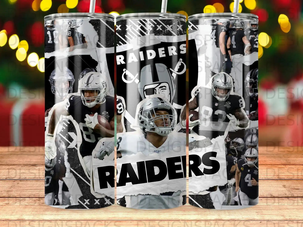 Las Vegas Raiders players collage with "Raiders" text and peeling paper effect.