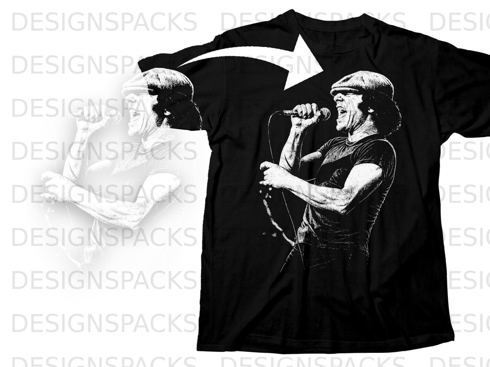 Black t-shirt with a white graphic of a singer holding a microphone.