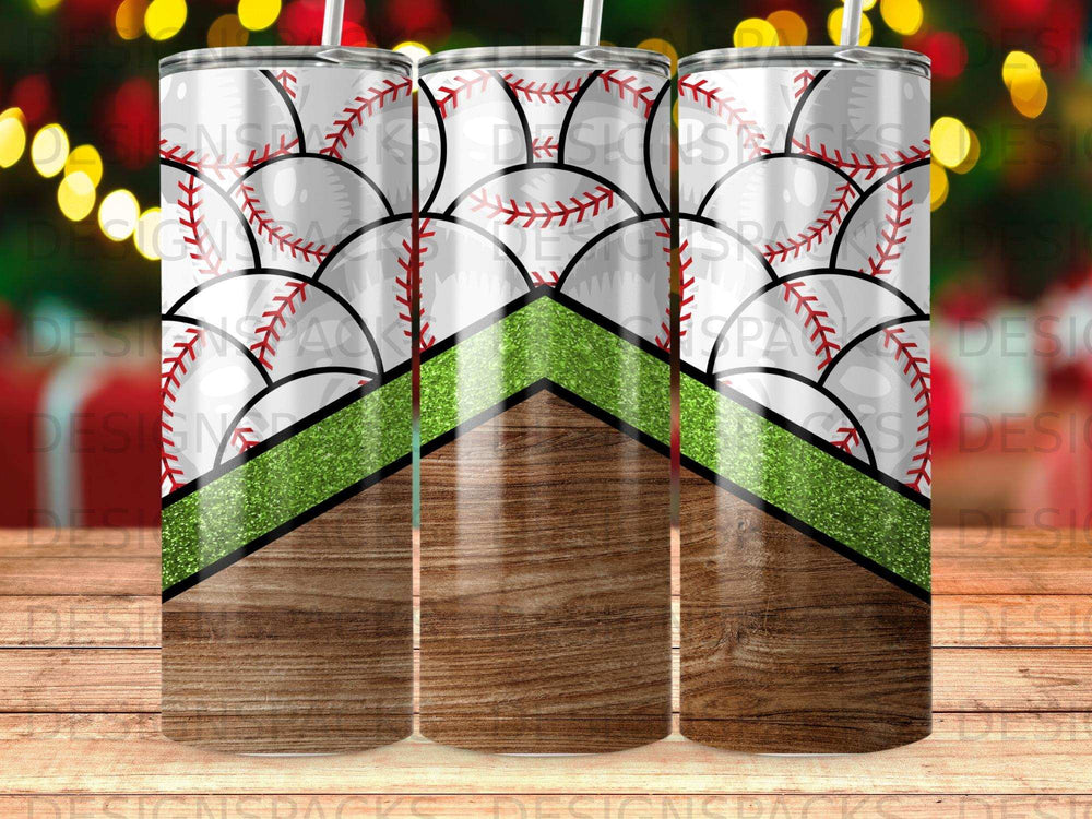 Tumbler with baseball stitching pattern and wood grain design.
