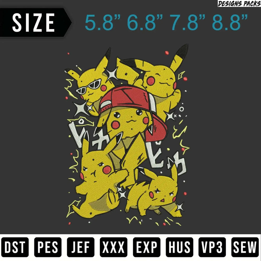 Pikachu embroidery design with various sizes and file formats.