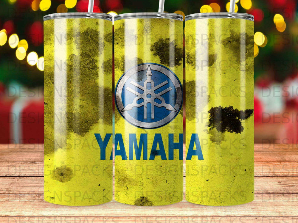 Yellow Yamaha tumbler with distressed blue and green design.