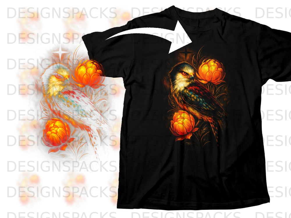 Black t-shirt with a detailed print of a bird and orange flowers.