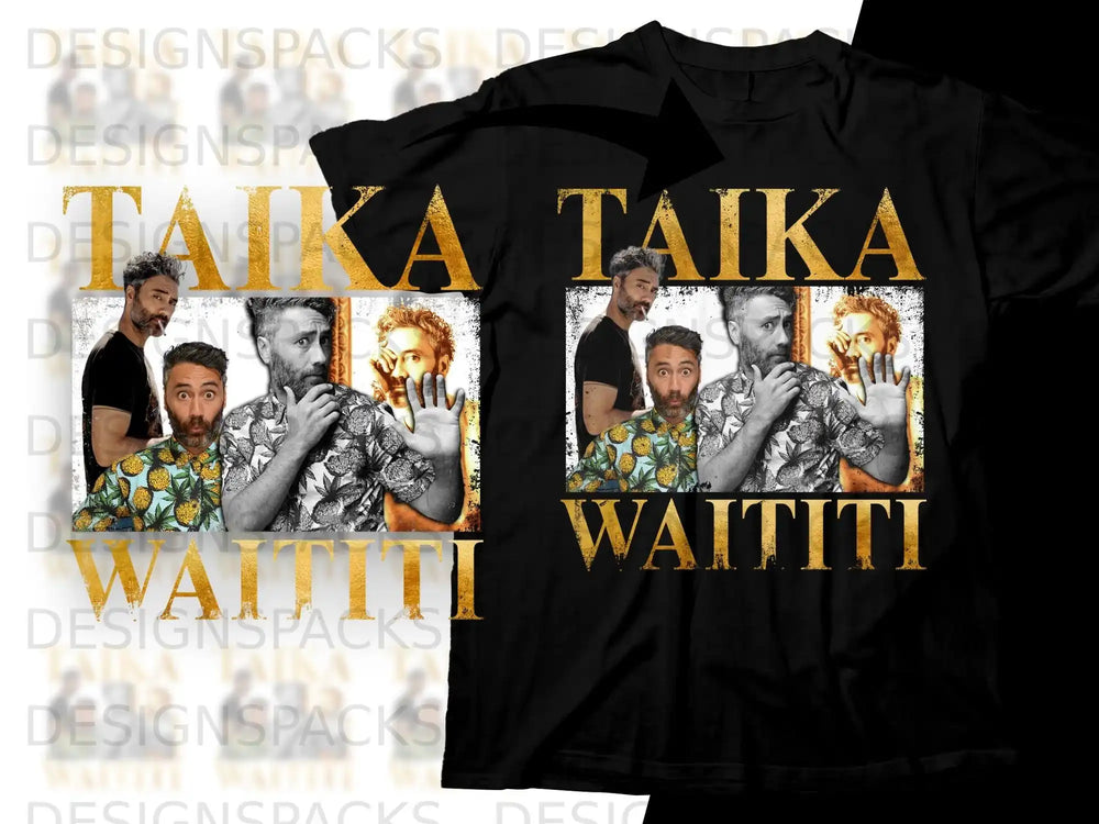 Taika Waititi art on a black t-shirt with gold lettering.