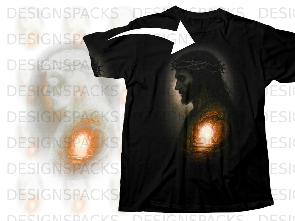Black t-shirt featuring Jesus wearing a crown of thorns and a glowing cave opening.