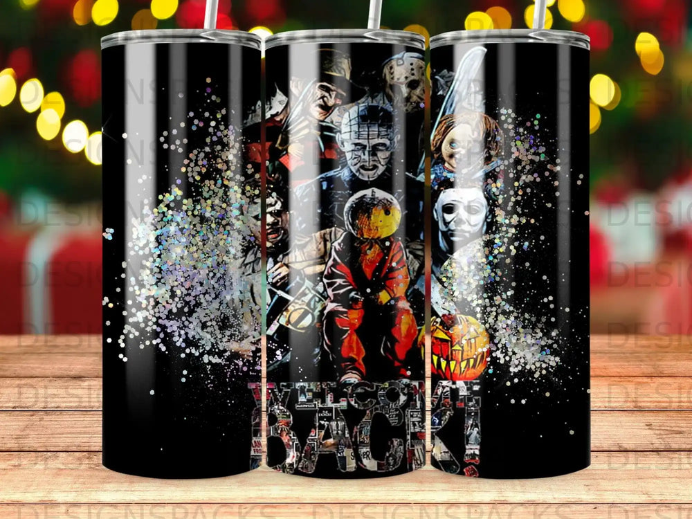 Horror movie characters on black tumbler with glitter and text.