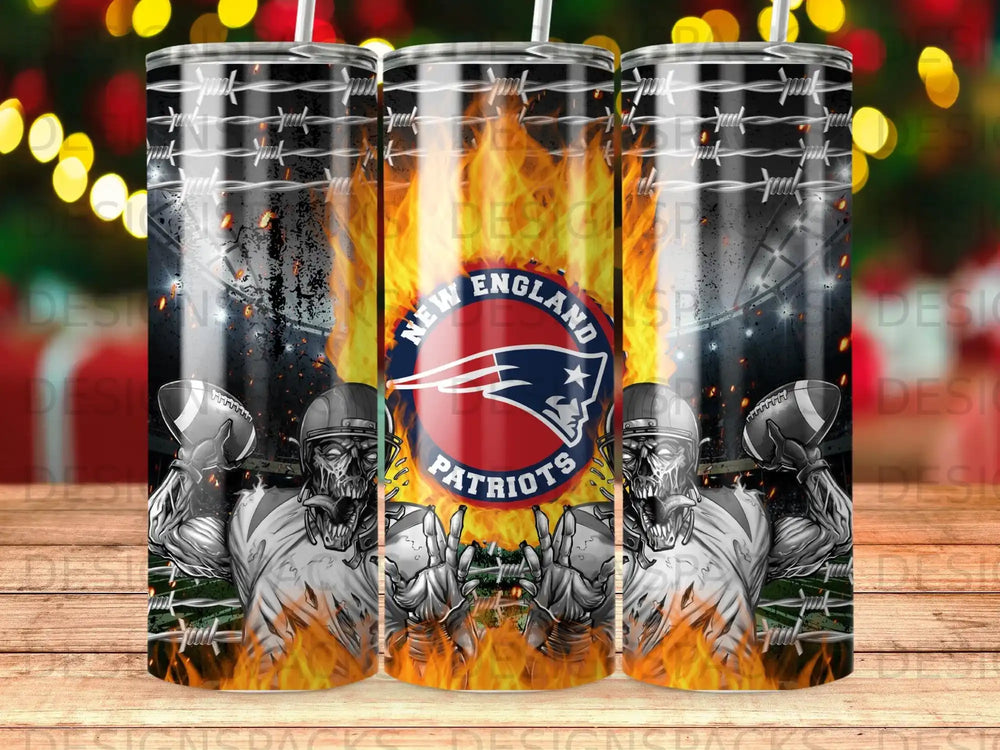 New England Patriots logo with flames and zombie football players on a tumbler.