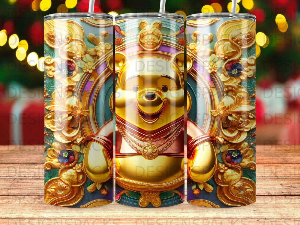 Winnie the Pooh with ornate floral and gold details on a patterned tumbler.