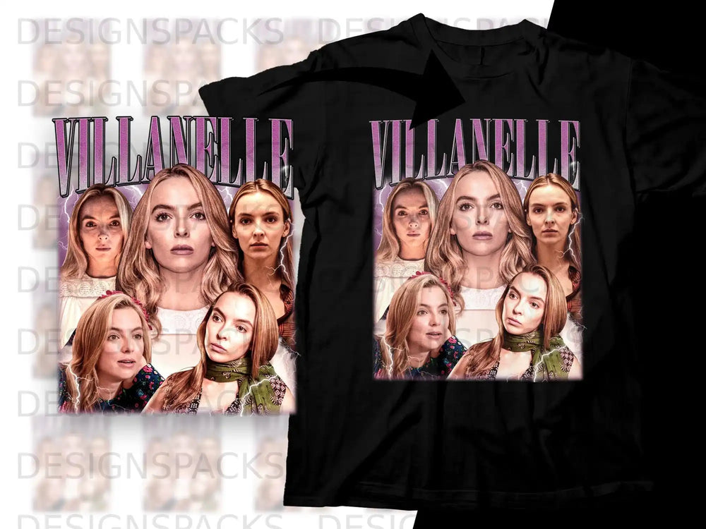 Villanelle collage portrait with lightning accents on black t-shirt.
