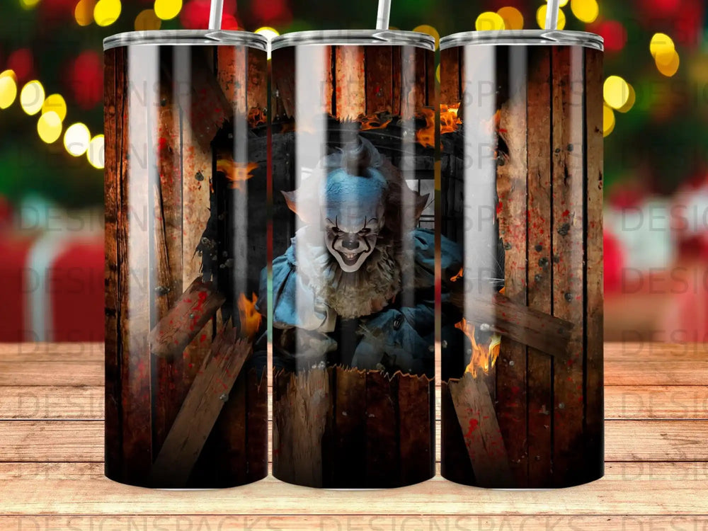 Pennywise the clown emerging from a wooden opening with flames.