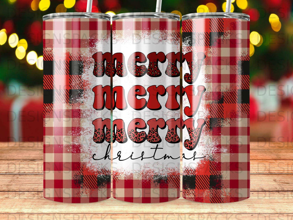 Red and black plaid tumbler with "Merry Christmas" text in distressed leopard print.