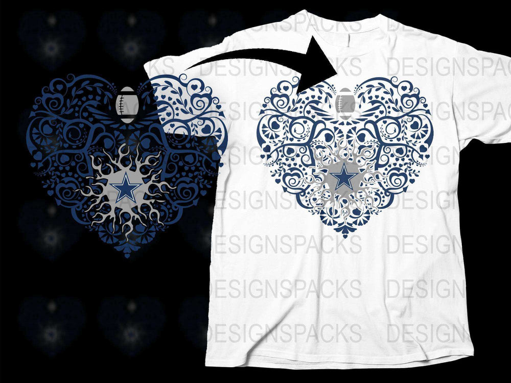 Ornate Heart T-Shirt, Blue and White Floral Design, Star Pattern, Elegant Unisex Top, Casual Wear