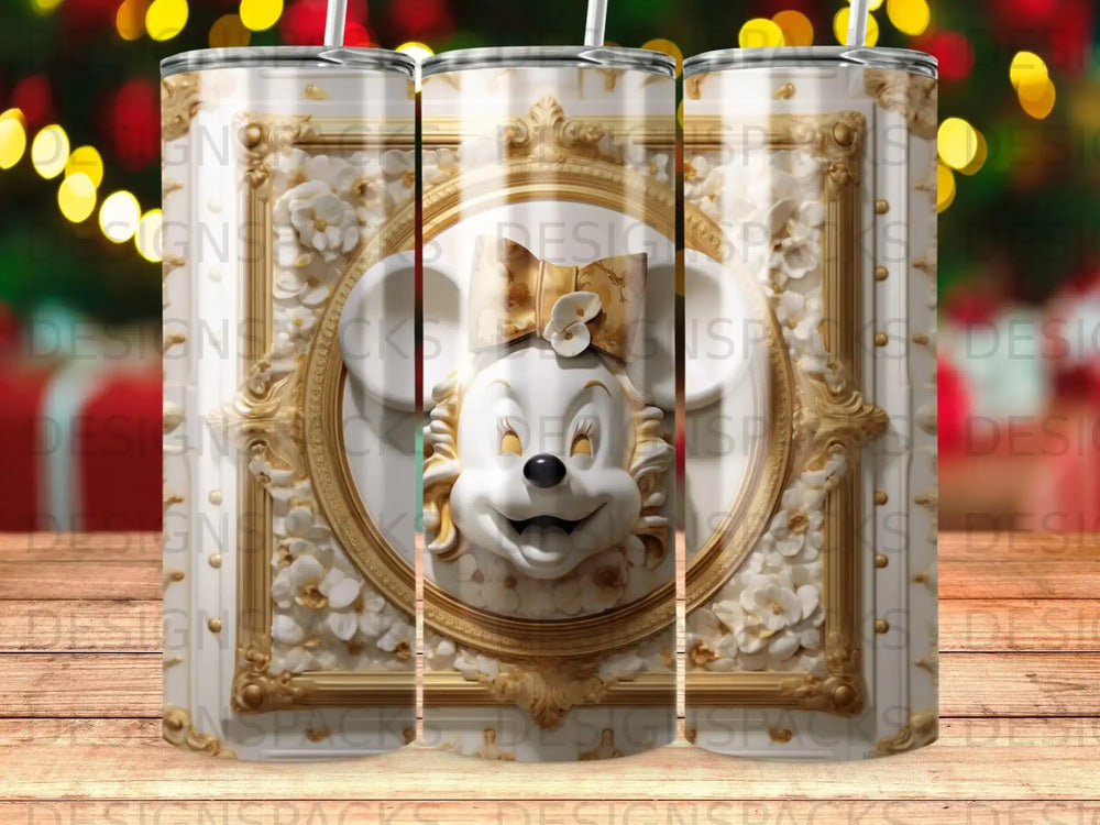 Minnie Mouse head in ornate gold frame on a white tumbler.