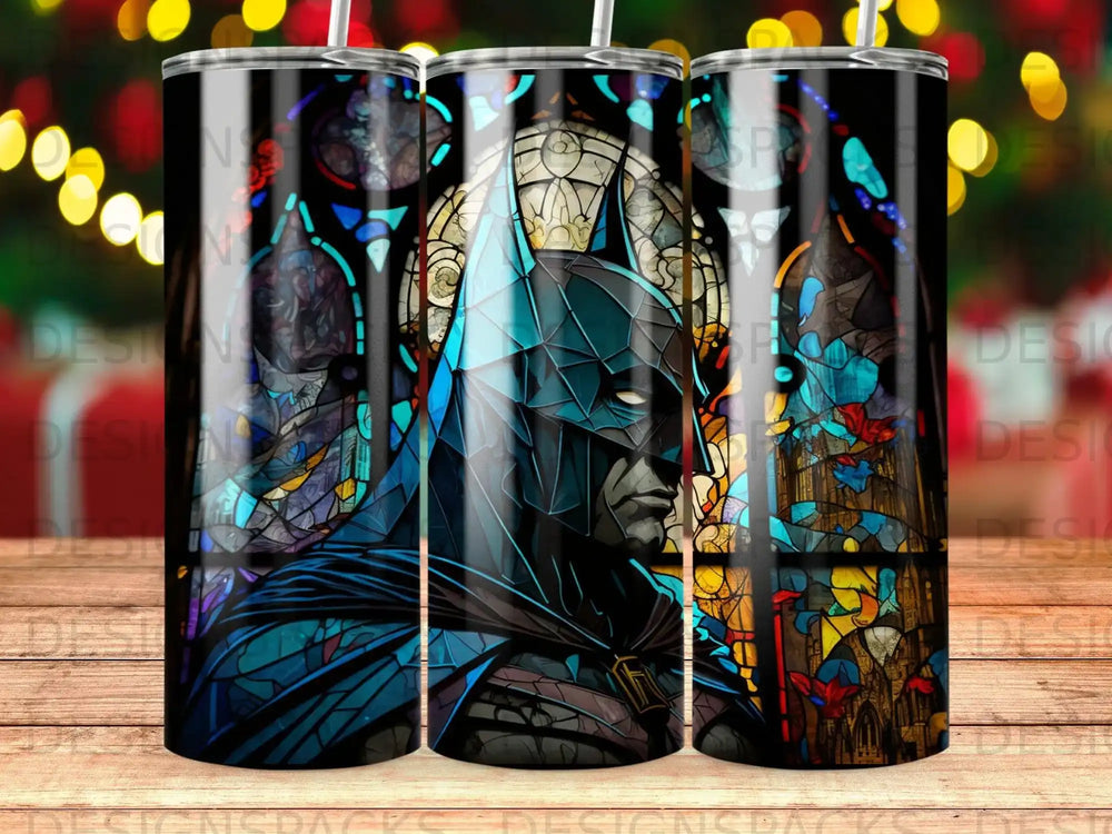 Batman stained glass art on a tumbler with bokeh lights background.