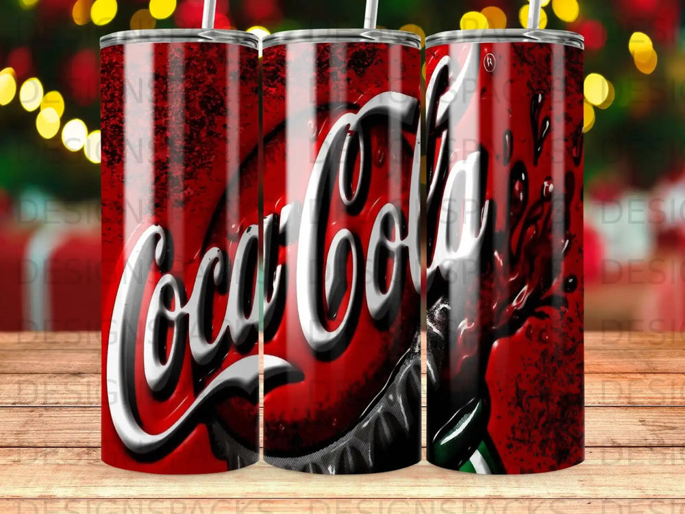 Coca-Cola tumbler with red background and silver logo.