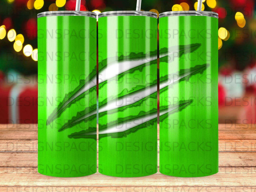 Green tumbler with claw marks and "DESIGNSPACKS" repeated watermark.