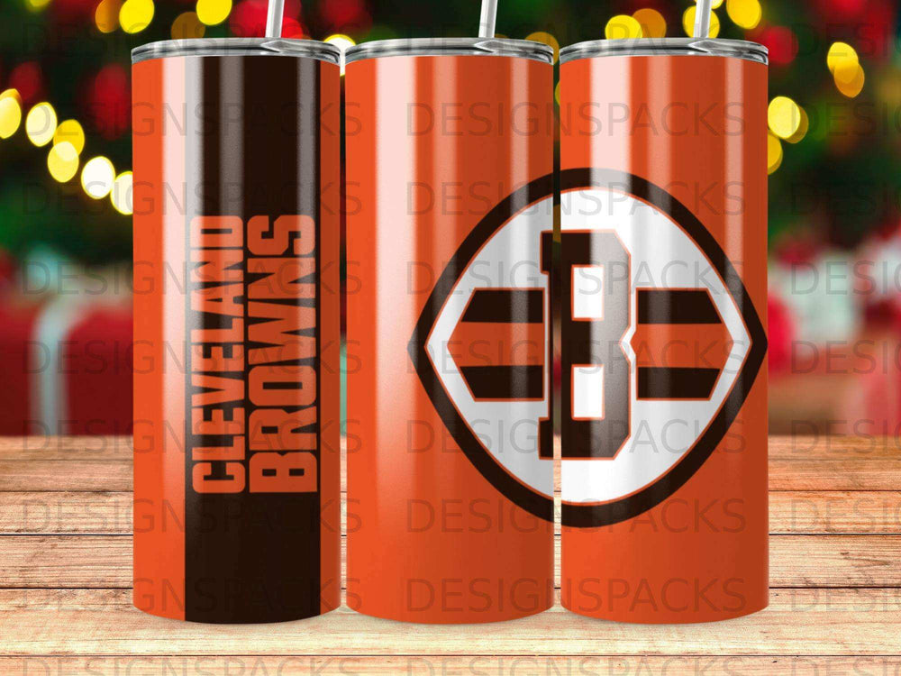 Cleveland Browns tumbler with logo and repeated "DESIGNSPACKS" watermark.